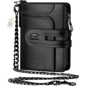 furid Genuine Leather Chain Wallet: RFID Blocking Men's Wallet with Anti-Theft Chain - Bifold Zipper Coin Pocket Holds 15+ Cards - Gift for Motorcyclists Outdoor Workers Travelers on Birthday (T20_Black)