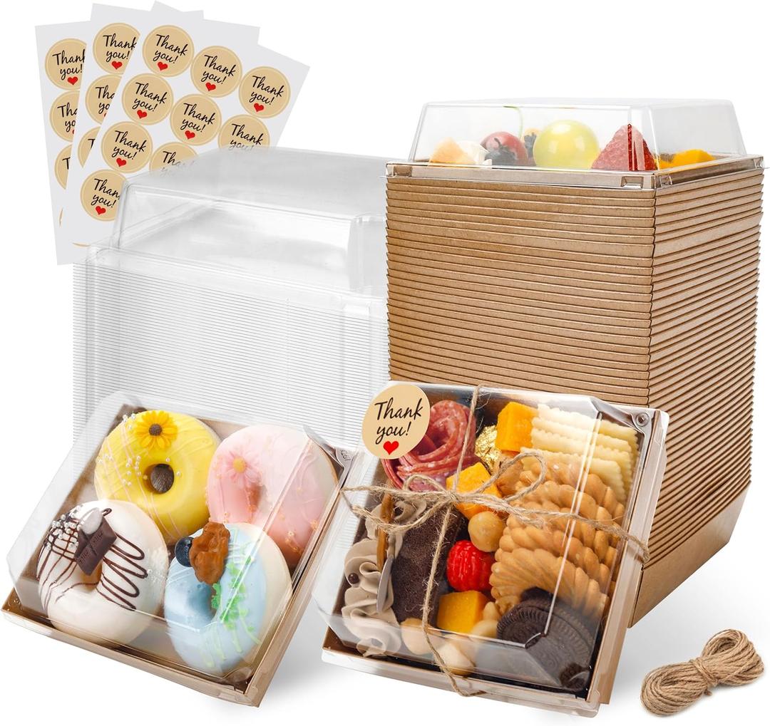 Charcuterie Boxes with Clear Lids Mini Bakery Boxes Disposable Treat Boxes to Go Small Food Containers for Dessert Cookie Sandwich Cake 5.3x4.9x2.5INCH(50 Pack, Brown)