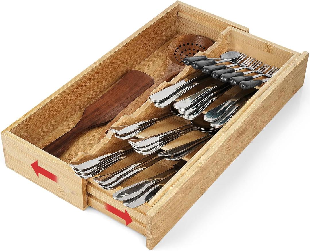 Bamboo Kitchen Drawer Organizer, Expandable Silverware Organizer, Utensil Holder, Cutlery Tray Spoon Flatware Storage with Drawer Dividers