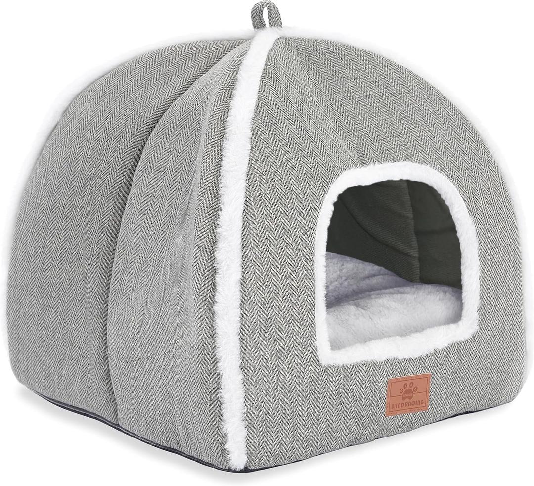 Cat Beds for Indoor Cats-Cat Bed Cave House Tent for Kittens and Small Pets with Washable Cushioned,Soft and Warm Indoor House, Grey, 15 inches