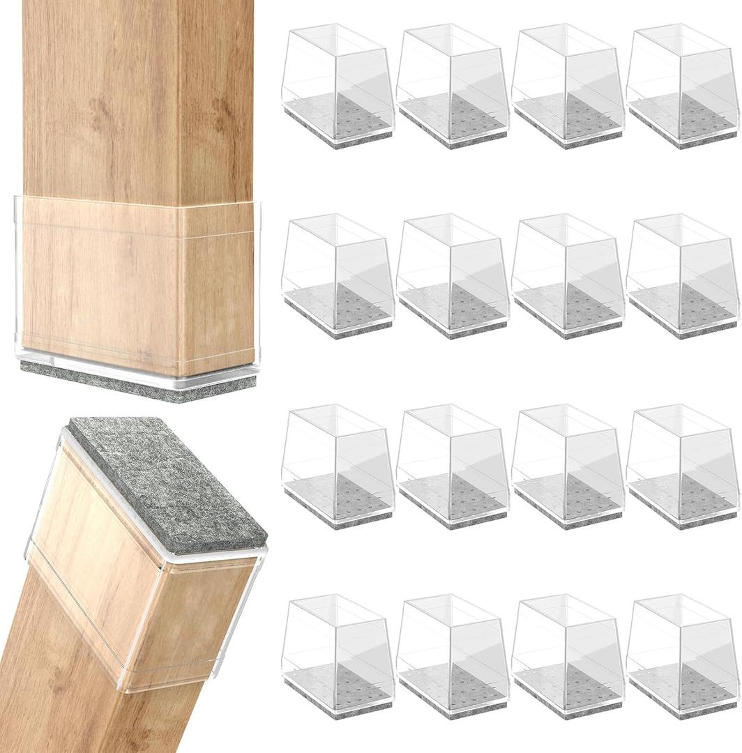 Rectangle Chair Leg Protectors for Hardwood Floors,16 PCS Silicone Covers to Protect Wood Tile Floors Felt Pads Furniture Leg Caps Reduce Noise. Easy to Move. (Clear,Fit Perimeter 4" to 4.25")