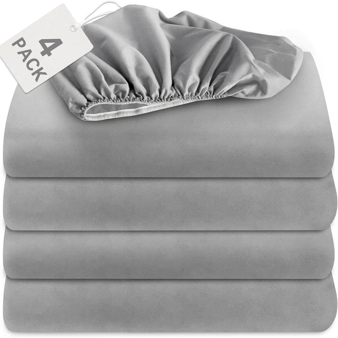 Fitted Sheet 4 Pack, Bedding Fitted Sheets Only, Grey | Shrinkage & Stain Resistant Bottom Bed Sheets with Deep Pocket, Wrinkle Free & Easy Care 90 In x 102 In/ 229 Cm x 259 Cm