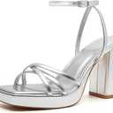Trary Gold & White Heels - Square Toe, 3 inch Platform, Strappy & Block Heels for Wide Feet, Ankle Strap Y2k Shoes for Prom (7, Silver Pu)