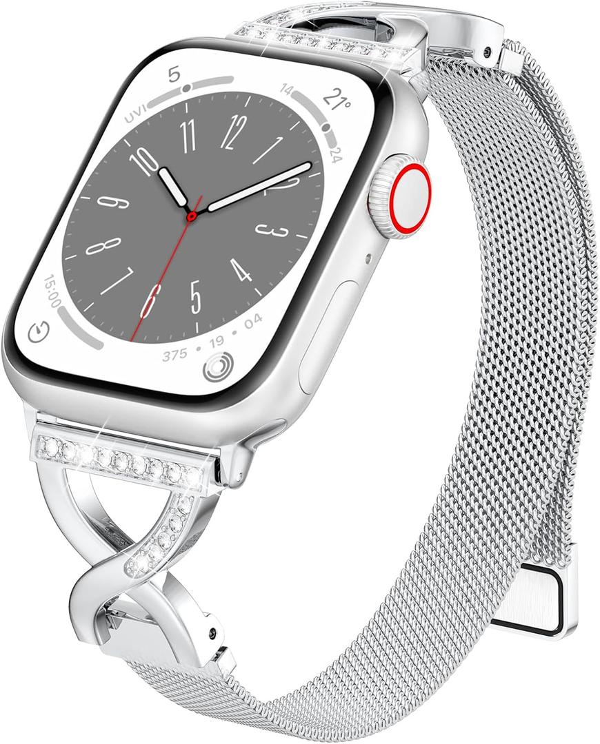 BRG Thin Mesh Loop Compatible with Apple Watch Bands for Women, Metal Magnetic Stainless Steel Strap with X-Shape Diamond Clasp for iWatch Bands (41mm/40mm/38mm/42mm(Series 10), Silver)