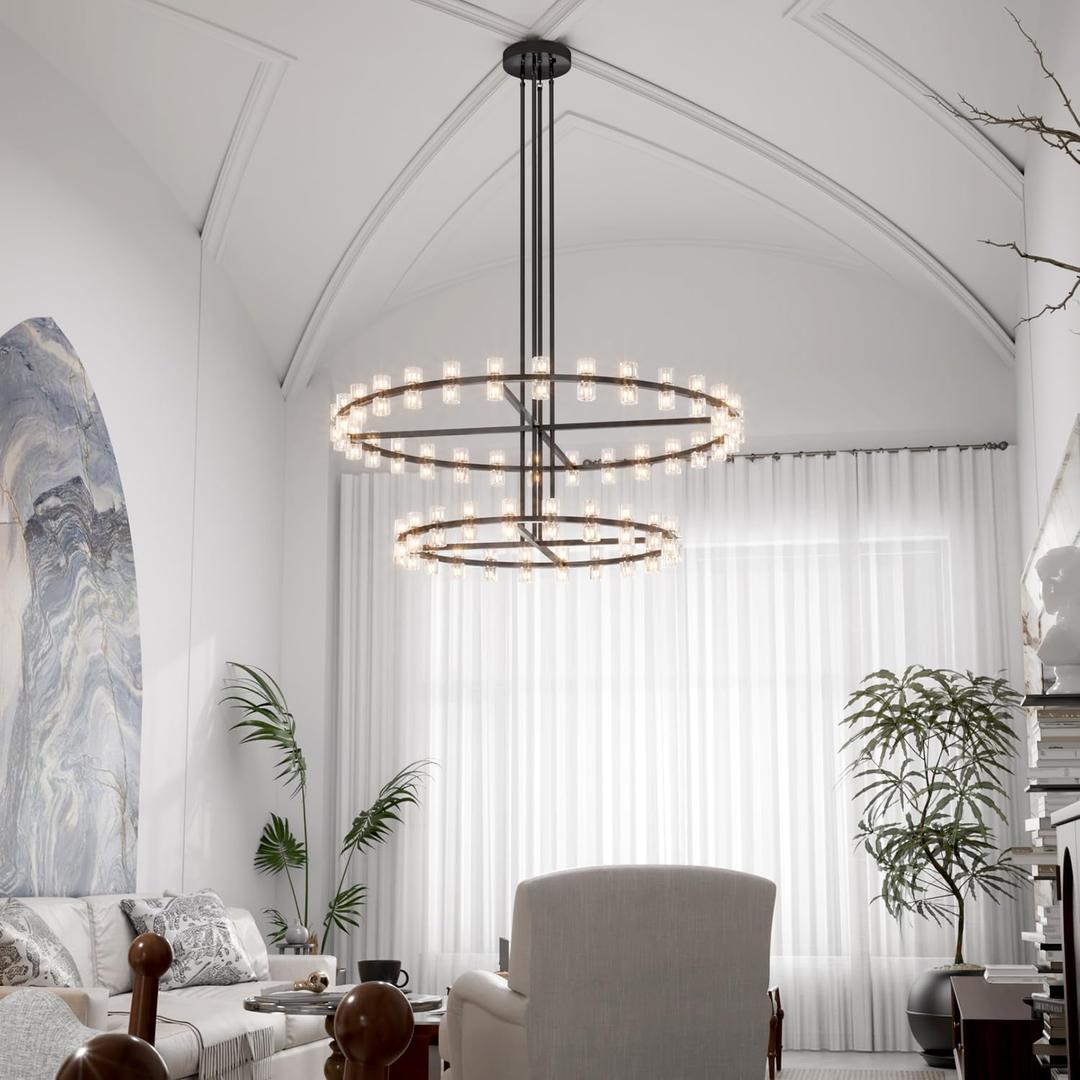 D48''+D60'' Large Black Wagon Wheel Chandeliers Black Round Chandelier Glass Chandeliers for Dining Room, Living Room Vintage Chandelier (Dia 48"+59", 2 Tier Black)