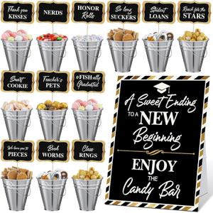 25 Pcs Graduation Candy Buffet Party Decoration Graduation Table Candy Bar Snack Labels Signs and 5'' Buckets with Handle for Class of 2026 High School College(Pure Style,Balck and Sliver)