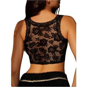 WDIRARA Women's Floral Lace Patchwork Tank Top Mesh Sheer Back Sleeveless Crop Tops (Black, S)