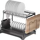 2-Tier Dish Rack with Drain Hole, Space Saving Kitchen Drainer and Organizer, Fits Cutlery, Plates and Cups, 16.5''L x 11.8''W x 12.8''H, Steel, Black