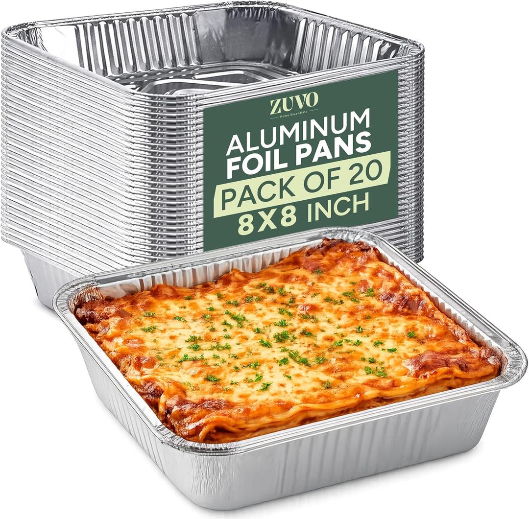 Zuvo 8x8 Aluminum Foil Pans (20 Pack) Disposable Square Baking Pans for Cooking, Roasting, Meal Prep & Freezer Storage Heavy Duty Tin Foil Trays, Oven & Air Fryer Safe [Without Lids]