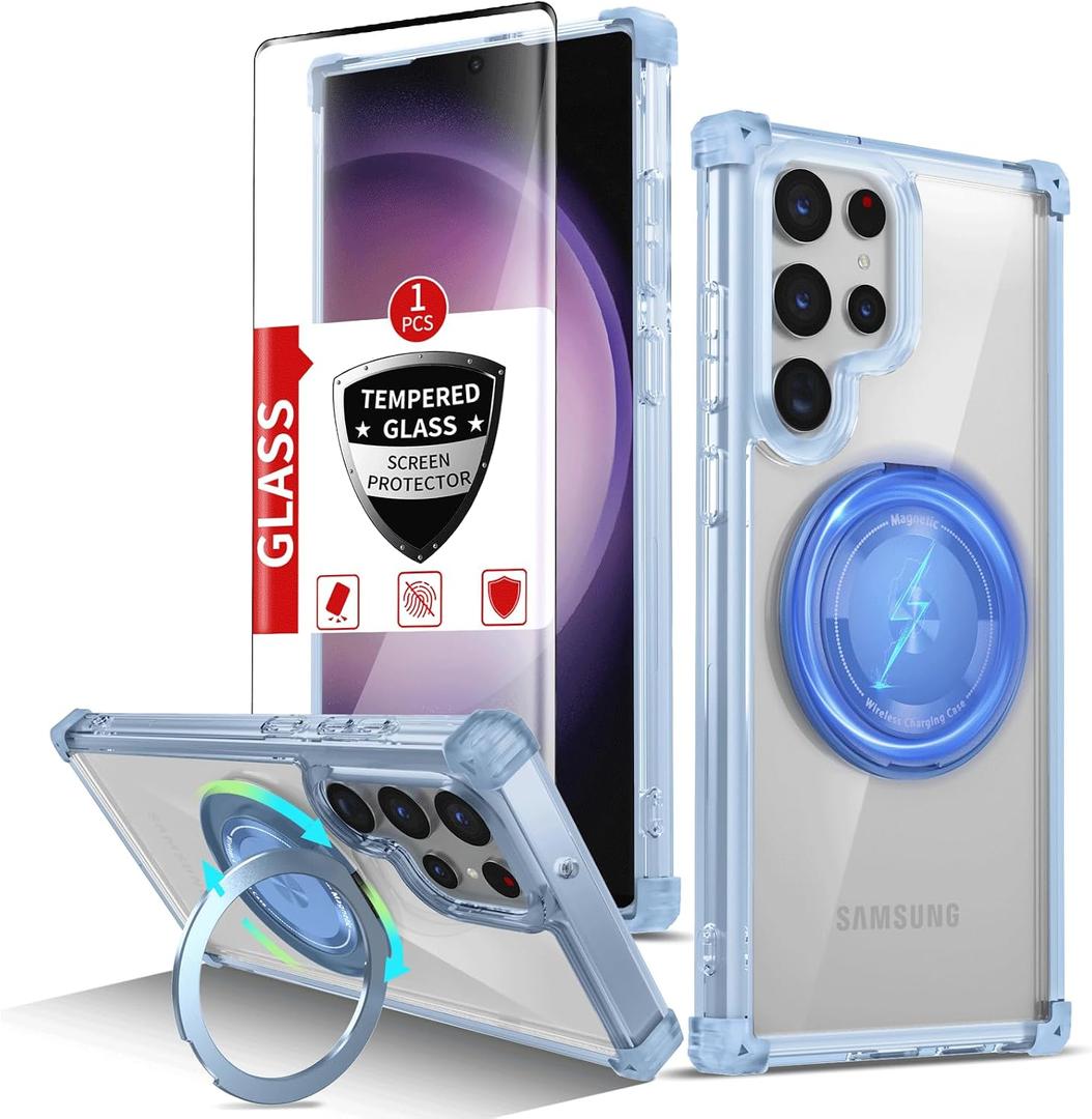 for Samsung Galaxy S23 Ultra Case Compatible Wireless Charging Magnetic,with Screen Protector,for S23Ultra Phone Case with 360Stand Ring Military Grade Shockproof Heavy Duty Protection Blue