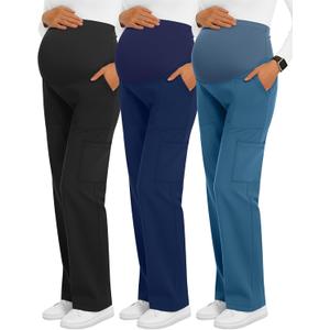 3 Pack Women's Maternity Scrub Pants 6 Pockets Cargo Pants Stretchy Comfy Workwear Straight Leg Pregnancy Pants (Medium, Black, Navy Blue, Blue Green)