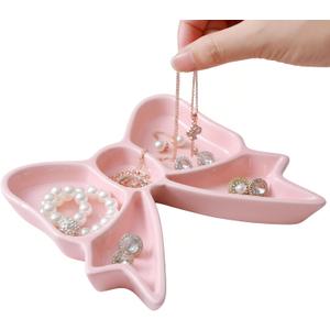 LemonRoad Coquette Bow Shaped Ceramic Jewelry Dish Tray Storage Tray Rings Necklace Bracelets Earrings Trays Cosmetics Jewelry Organizer for Coquette Room Decor Gifts (Pink)