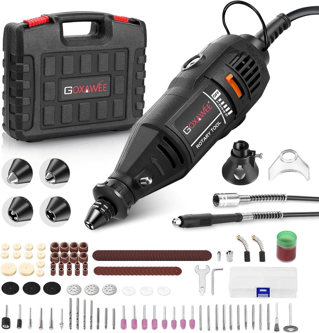 GOXAWEE Rotary Tool Kit with MultiPro Keyless Chuck and Flex Shaft -140pcs Accessories Variable Speed Electric Drill Set for Handmade Crafting Projects and DIY Creations (Black)