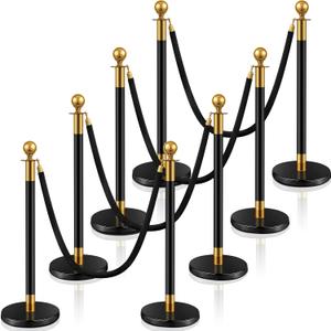 Ferraycle 8 Pcs 2025 Prom Stainless Steel Stanchion 5 ft Velvet Carpet Ropes and Pole Crowd Control Barriers Grand Opening Casino Movie Theme Party 360 Photo Booth Accessories (Black and Gold)