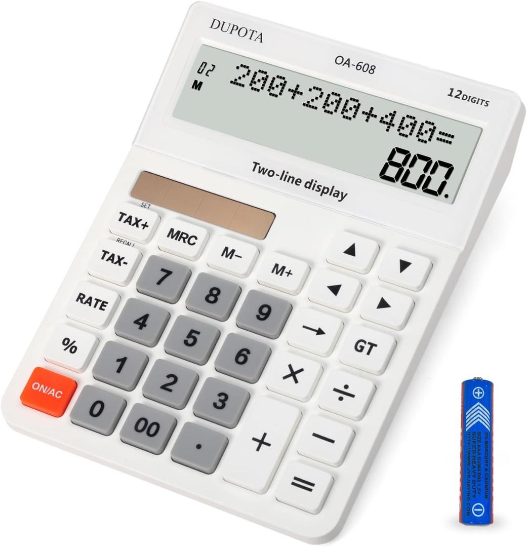 Desktop Calculator Large Display Big Buttons with 12 Digits 2-line LCD, Dual Solar Power and Battery, Calculator with Tax and Check Function for Office, Home, School and Business Large SizeOA-608