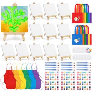 Aneco 12 Packs 4 x 4 Inch Mini Canvases for Painting with Easels Aprons Canvas Tote Bags Brushes Palettes Small Art Stretched Canvas Painting Supplies Kit for Party