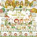 Mpanwen Safari Baby Shower Decorations, Jungle Animal Theme Party Decorations Supplies for Baby Shower - Backdrop, Cake, Cupcake Toppers, Balloon, Tablecloth, Hanging Swirls, Wall Signs