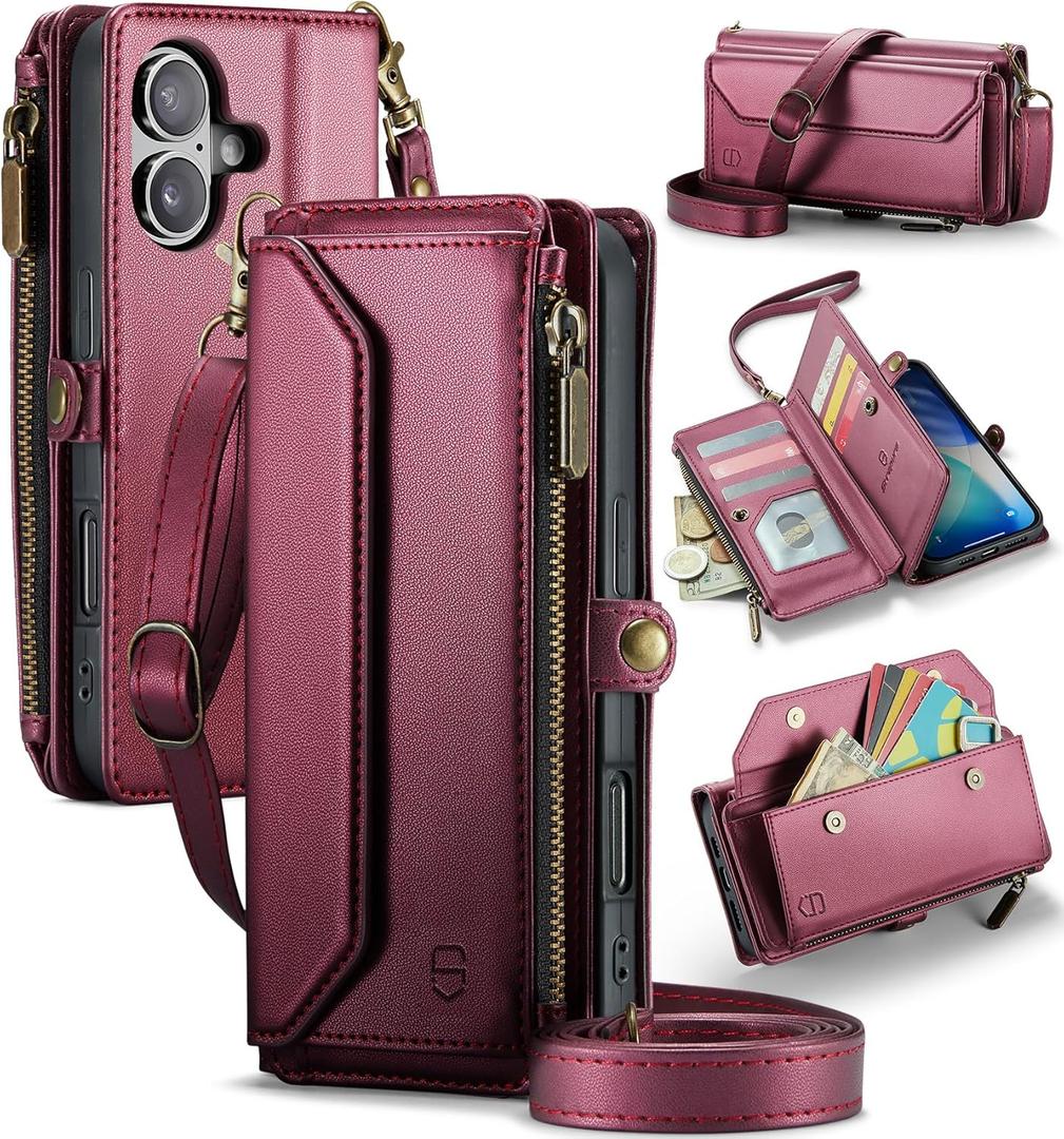 Wallet Case Compatible with iPhone 17 6.3" RFID Blocking 9-Card Holder Soft PU Leather Magnetic Snap Shoulder Strap Zipper Pocket Phone Case Fit for iPhone 17 for Women - WineRed