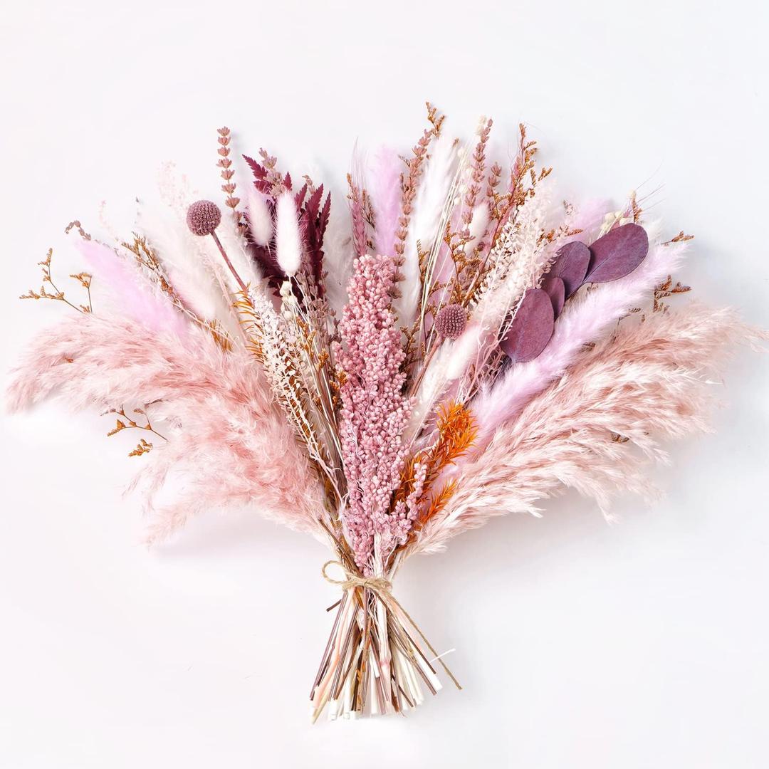 Pampas Grass Decor, Fall Dried Flowers Bouquet - Lavender, Bunny Tails, Eucalyptus & Preserved Flowers for Vases - Rustic Floral Arrangements for Home Wedding Table Centerpiece