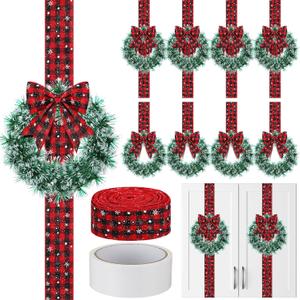 Juinte 10 Pcs 8" Small Christmas Wreaths for Kitchen Cabinet and 1 Roll Ribbon 2.5" x 30 Yards, Mini Christmas Wreaths for Indoor DIY Crafts Window Front Door Farmhouse(Plaid,Linen)