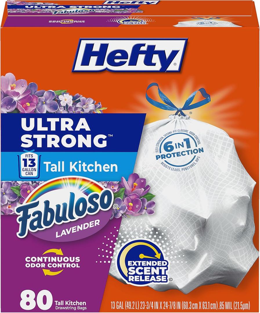 Hefty Ultra Strong 13 Gallon Trash Bags, Tall Kitchen Trash Bags 13 Gallon Size, Resist Leaks, Punctures, and Rips, Continuous Odor Control, White, Fabuloso Lavender Scent, 80 Bags