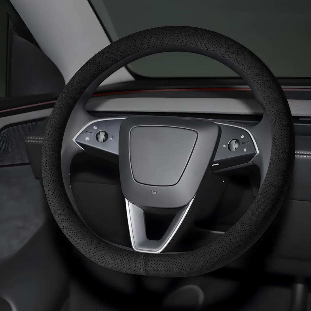 Microfiber Leather Universal 14.5-15 inch Steering Wheel Cover,Easy to Install Non-Slip Breathable Steering Wheel Protector Black