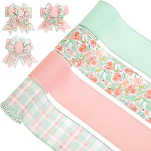 4 Rolls Spring Flower Wired Edge Ribbons 2.5 Inch 20 Yards Pink Green Plaid Craft Ribbon Watercolor Rose Fabric Wrapping Ribbon for Bow Wreath Party Home Decor