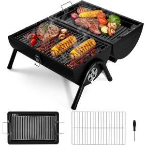 HaSteeL Portable Charcoal Grill, Outdoor Barbecue Folding Mini Smoker, Adjustable Small Tabletop Grill with Roasting Plate & Grill Grate, Two Side Grill for Camping Hiking Beach Garden Backyard Picnic
