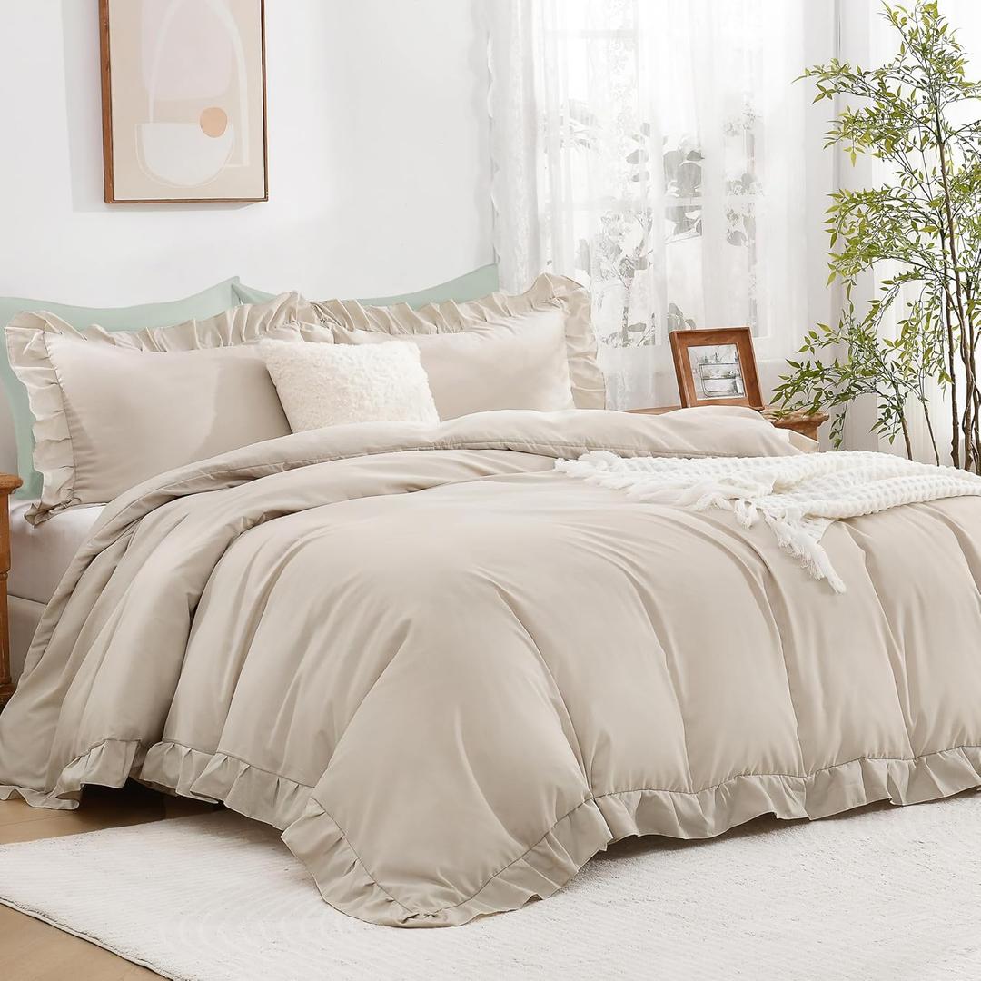 Andency Beige Ruffle Duvet Cover Queen(90x90Inch), 3 Pieces Ruffled Farmhouse Shabby Chic Duvet Cover for Girls Kids Women, Soft Microfiber Duvet Cover Set with Zipper Closure & Corner Ties