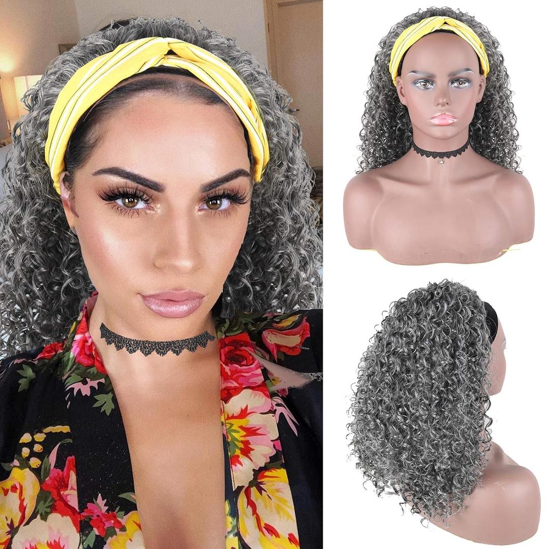 Aisaide Short Afro Kinky Curly Grey Headband Wigs for Black Women, Synthetic Curly Headband Wig Afro Curly Wave Deep Wave Black Headband Wig Wrap Wig with Headbands Attached Scarf Wig 16inch(1B/GREY) (16 Inch (Pack of 1))