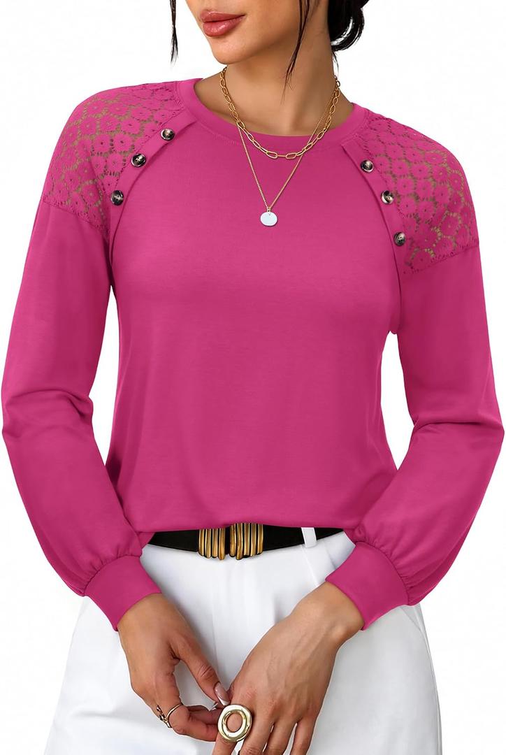 siliteelon Lace Long Sleeve Tops Dress Shirt Womens Crew Neck Loose Dressy Blouse Business Casual Work Summer 2026 Hot Pink (Pink, L)