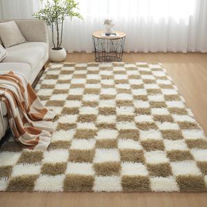 Checkered Area Rugs for Living Room 8x10, Fluffy Beige and White Checkered Rug Fuzzy Shag Shaggy Carpets for Bedroom, Soft Plush Furry Rug for Boy Girls Room Dorm Home Decor