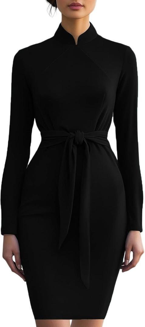 MsavigVice Church Dresses for Women Sexy Pencil Business Work Midi Dress Slim Fit Bodycon Dresses with Belt (00black-b6220) XL