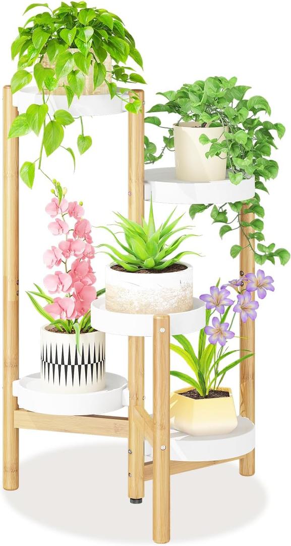 LASZOLA Bamboo White 5 Tier Heavy Duty Plant Stand Indoor, Tall Multiple Level Vertical Planter Rack for Modern Narrow Corner, Slim Spiral Flower Holder Organizer Display for House Decor, Plastic Tray