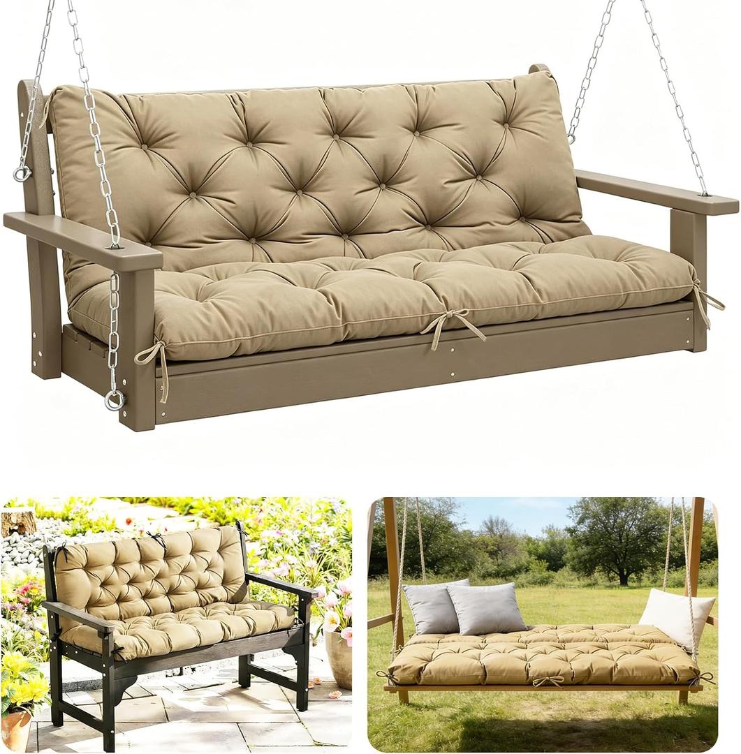 Outdoor Swing Cushions for Patio Furniture Waterproof,2-3 Seater Porch Swing Cushions with Tie Straps Thickened for Patio Outdoor Decks and Garden(Khaki,47 * 40 in)