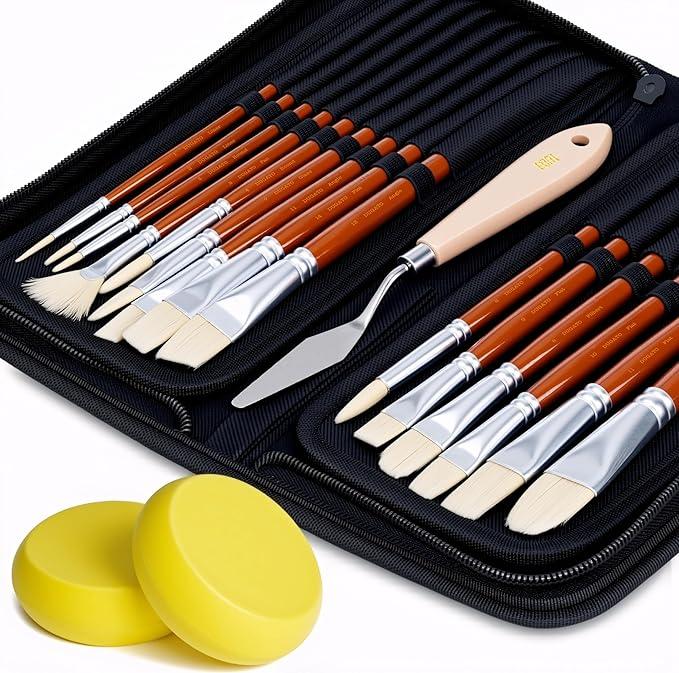 DUGATO Artist Paint Brush Set (15pc)  Short Handle Hog Bristle Brushes for Oil, Acrylic, Gouache, Watercolor  Includes PopUp Case, Palette Knife & Sponges  Professional Art Supplies