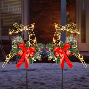 HUYIENO 2 Pack Metal Solar Powered Reindeer Stake Lights Warm White Christmas Yard Decor with Garden Ornament Stakes