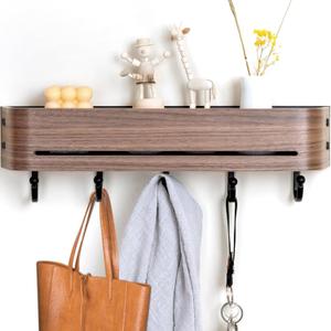 Coat Rack Wall Mount-16.9" Wall-Mounted Organizer with Shelf & Key Holder & Pet Leash Storage | Family-Safe Design for Entryway/Hallway/Mudroom/Farmhouse | Walnut/5 Hooks