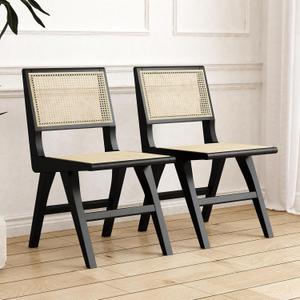 Accent Chair Dining Chairs Set of 2, Solid Wood Frame Boho Rattan Chair, Mid Century Modern Accent Chairs for Living Room Bedroom Dining Room Kitchen(Black)