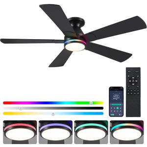 52In Black RGB Ceiling Fans with Lights - Flush Mount Low Profile Ceiling Fan Light with Remote/APP, RGB+3CCT 6 Wind Speeds and Reversible, Modern Fan Light Fixture for Party, Kid's Room