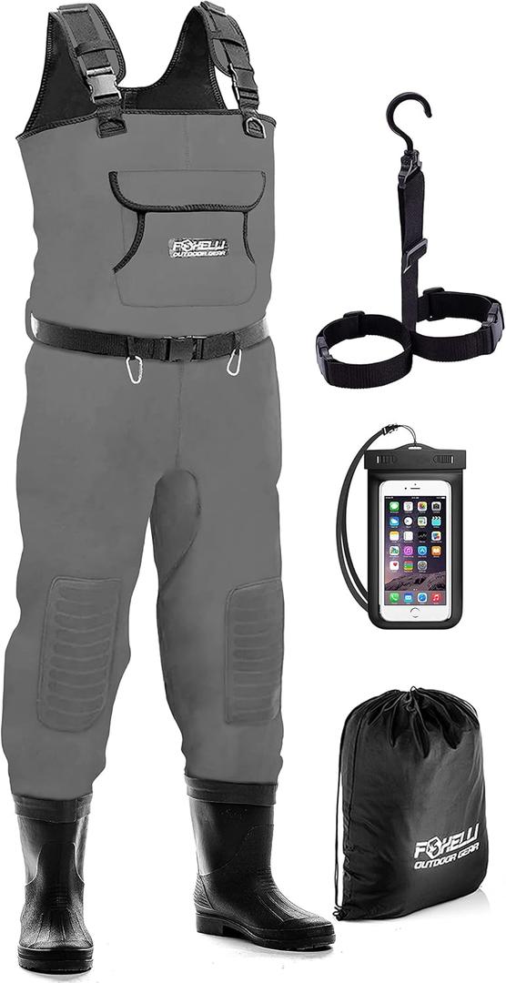 Foxelli Chest Waders, Waterproof 4mm Neoprene Hunting & Fishing Waders for Men & Women with Boots (13, Grey)