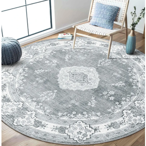 MUJOO Grey Round Rug 6ft,Circle Washable Area Rugs for Bedroom Living Room Bathroom,Boho Large Vintage Bohemian Distressed Farmhouse Non Slip Circular Carpet,Floral