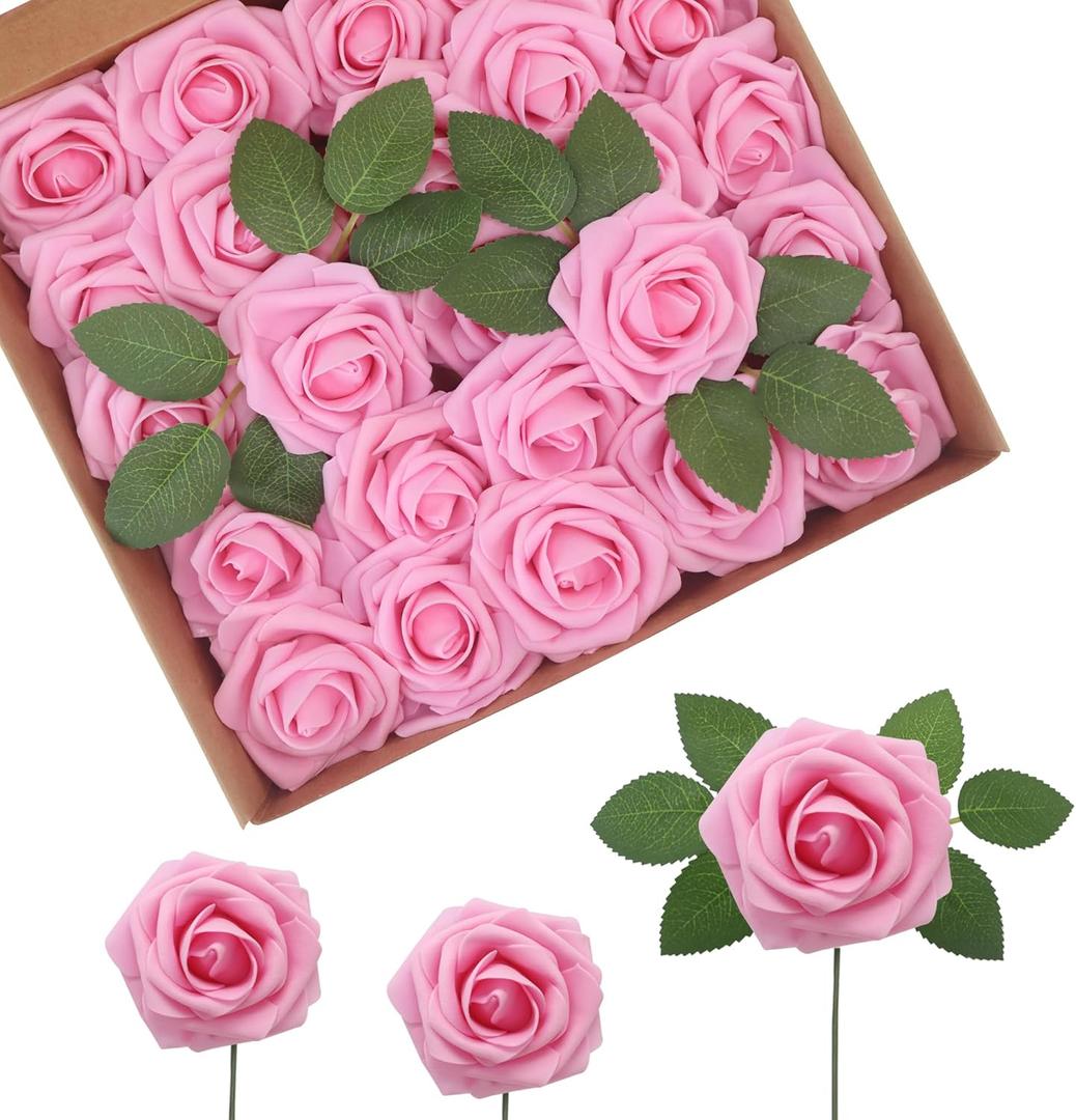 JOYLEX 100PCS Dark Pink Artificial Flowers Realistic Roses, Real Looking Fake Roses with Stem for DIY Wedding Bouquets Centerpieces Bridal Shower Party Home Romantic Decorations (Dark Pink, 100pcs) (Regular 3" - 100pcs)