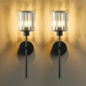 KARTOOSH Hardwired Crystal Wall Sconces Set of Two - Dimmable Wall Light Fixtures 3000K, Warm White, for Hallway, Bathroom, Living Room, Bedroom, Black, 20.1 Inch