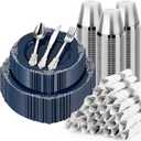 Bestluck 350PCS Navy Blue Plates for 50 Guests, Disposable Dinnerware Sets Include 100 Plastic Plates, 50 Silverwares, 50 Cups, and 50 Pre Rolled Napkins for Party, Wedding and Graduation