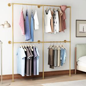 Gold Pipe Clothing Racks Wall Mount Gold Clothes Rack, Heavy Duty Industrial Pipe Clothes Racks Retail Display Hanging Rod for Closet Storage, Laundry Room (71 Inch)