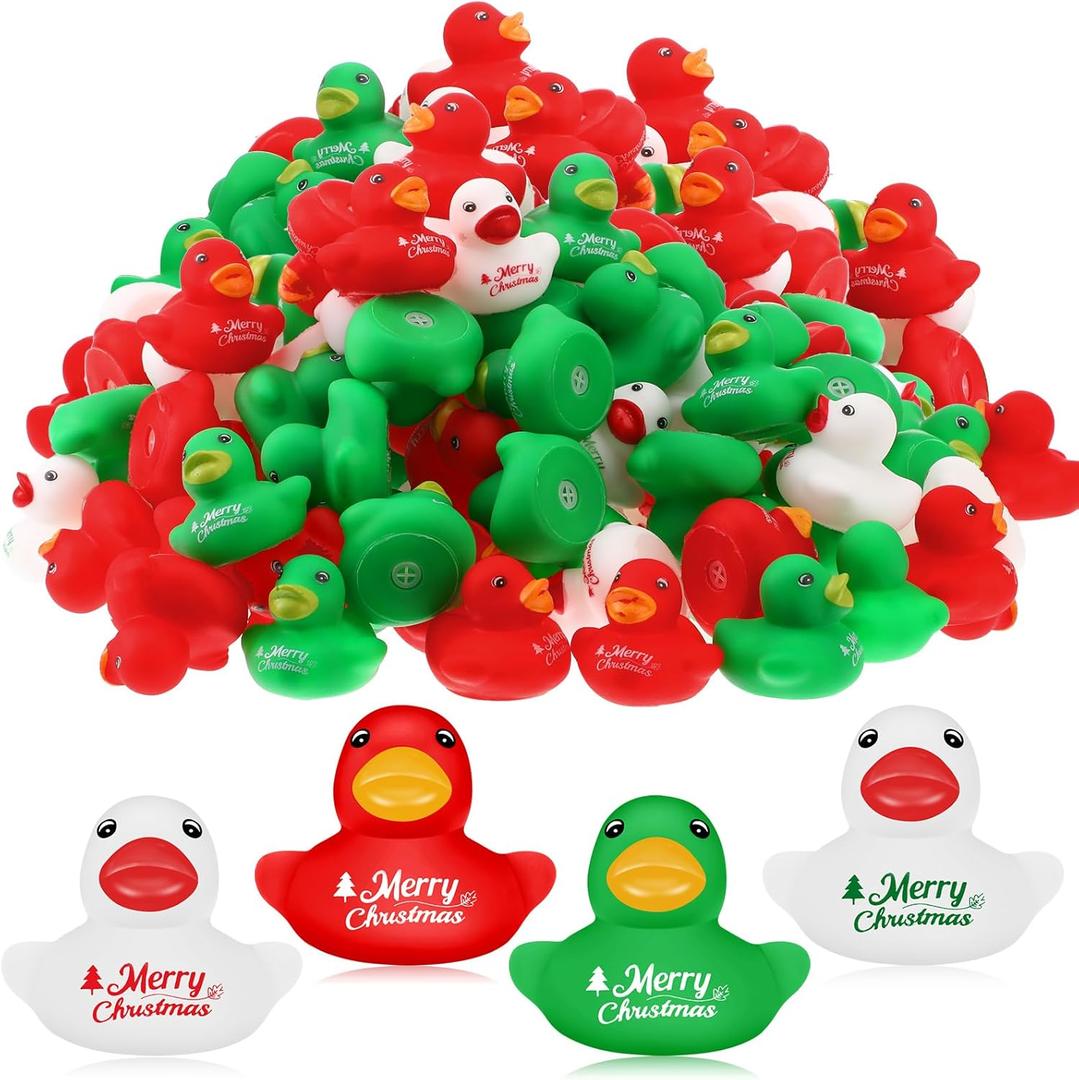 Junkin 24 Set Christmas Ducks Gifts Set Includes Mini Rubber Ducks Keychain Greet Card and Transparent Gift Bags for Xmas Birthday Gifts Pendant Accessories Party Favors, Pack of 3