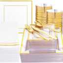 Festiva 350Pcs Clear Plastic Plates with Gold rim - Clear Gold Disposable Dinnerware for 50 Guests includeSquare Plastic Plates/Cups/Cutlery/Napkins Perfect for New Year Party&Wedding &Xmas