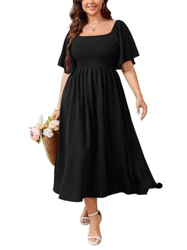 SHESTARR Women's Plus Size Dress Short Sleeve Square Neck Smocked Side Split Flowy A Line Long Maxi Dress Black 3XL