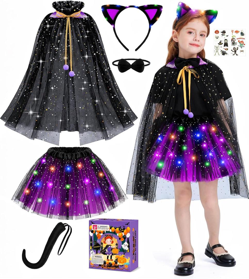 Black Cat Costume and Cape for Girls, 7 Pcs LED Light Up Kids Cat Halloween Costume for Girl Ages 3 4 5 6 7 8 (Purple) One Size